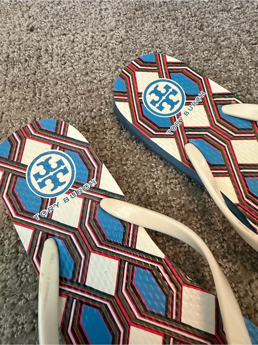 Tory Burch White Strap Flip Flops with Blue and Red Geometric Print - Picture 3 of 6